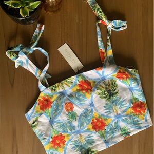 Rachel Zoe Tropical Floral Print Top Smocked Back Lined Cropped Shirt